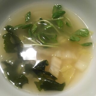 白菜、豆苗、わかめの味噌汁